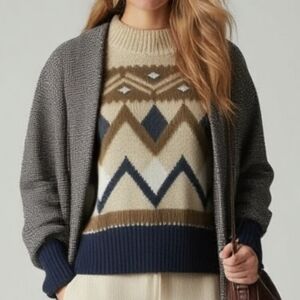 a.n.a Women's Turtleneck Sweater - Beige and Dark Green Size Medium